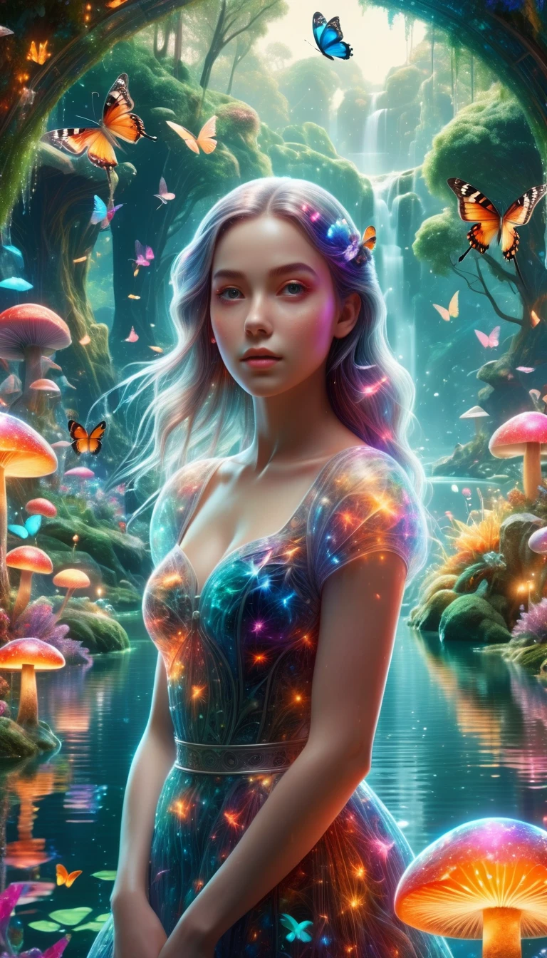 a beautiful detailed girl in a colorful fantasy garden, lush vegetation, flowers, butterflies, colorful birds, large crystal lake, magical glowing mushrooms and trees, sci-fi elements, stunning highly detailed photorealistic digital painting, 8k, HDR, award-winning, cinematic lighting, intricate details, vibrant color palette