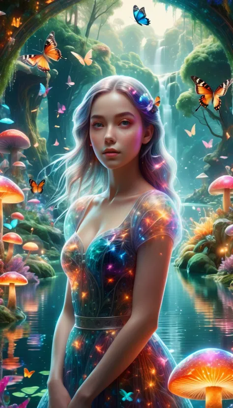 a beautiful detailed girl in a colorful fantasy garden, lush vegetation, flowers, butterflies, colorful birds, large crystal lak...