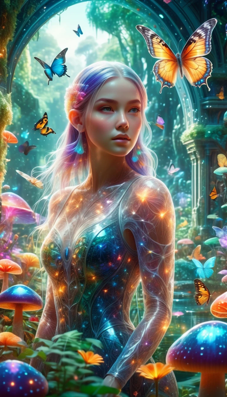 a beautiful detailed girl in a colorful fantasy garden, lush vegetation, flowers, butterflies, colorful birds, large crystal lake, magical glowing mushrooms and trees, sci-fi elements, stunning highly detailed photorealistic digital painting, 8k, HDR, award-winning, cinematic lighting, intricate details, vibrant color palette