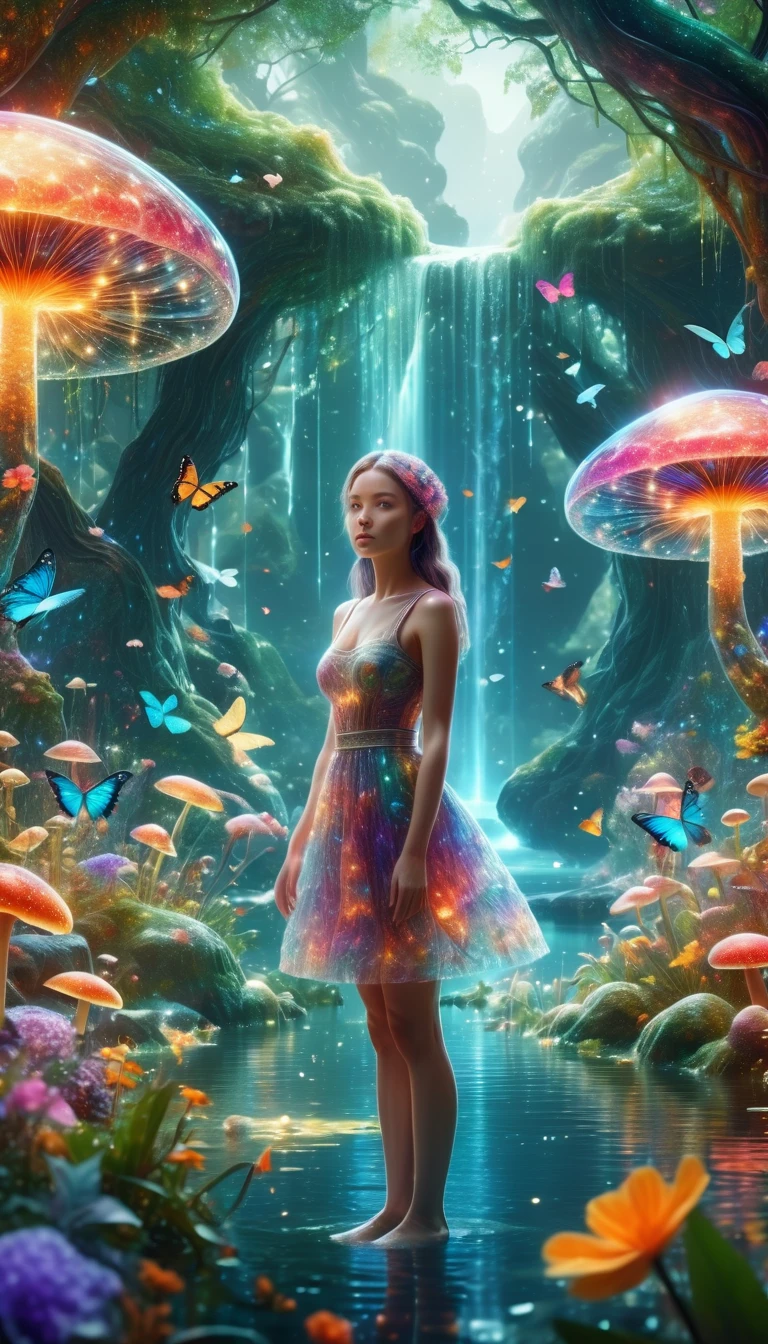 une belle fille détaillée dans un jardin fantastique coloré, végétation luxuriante, fleurs, papillons, oiseaux colorés, grand lac de cristal, champignons et arbres magiques et lumineux, éléments de science-fiction, superbe peinture numérique photoréaliste très détaillée, 8k, HDR, primé, Éclairage cinématographique, détails complexes, Palette de couleurs vives