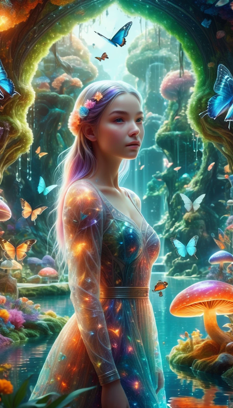 une belle fille détaillée dans un jardin fantastique coloré, végétation luxuriante, fleurs, papillons, oiseaux colorés, grand lac de cristal, champignons et arbres magiques et lumineux, éléments de science-fiction, superbe peinture numérique photoréaliste très détaillée, 8k, HDR, primé, Éclairage cinématographique, détails complexes, Palette de couleurs vives