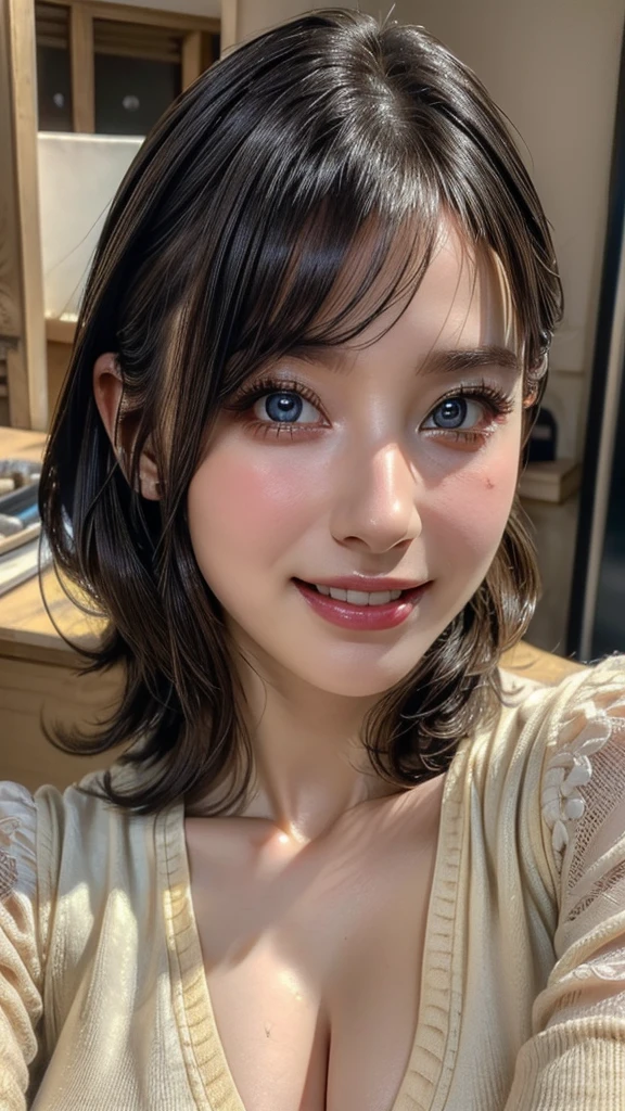 (high quality , Super detailed:1.2 ) , (Highly detailed beautiful face:1.4), ((Highest quality)), ((masterpiece)),((realistic:1.4)),smile ,beautiful woman, (be familiar with), perfect face、(8K, highest quality, masterpiece:1.2),(ultra high resolution:1.0),((Natural big breasts:1.2))