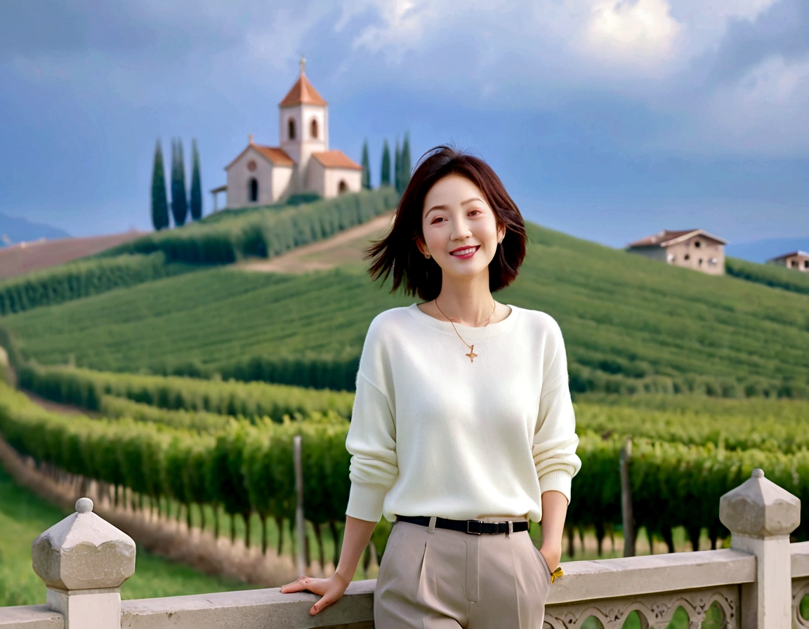 k Best picture quality, Beautiful 36-year-old Korean woman, short and nice weather. Chest size 34 inches, Dense fog at dawn in the Italian countryside, past the vineyard, The cathedral can be seen in the fog on a hill in the distance., The back background is realistic and vivid image quality, short medium hair blowing in the wind, Wear comfortable travel clothes and casual pants., Smile slightly. the background is clear, Short and slim Korean woman, stand far away, Photo taken with a wide-angle lens