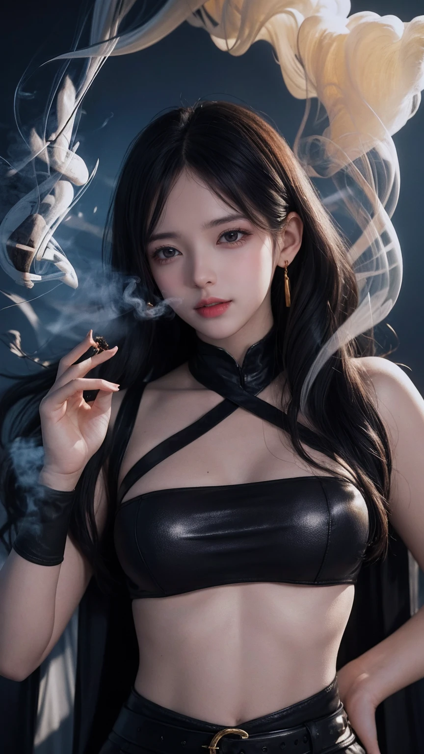 dynamic poses, stunning colors,surrealism, cinematic lighting effects, realism,  super realistic, super vista, super wide Angle, Black background,Golden smoke,1girl,solo,upper body,(Smoke:1.6), fair skin,