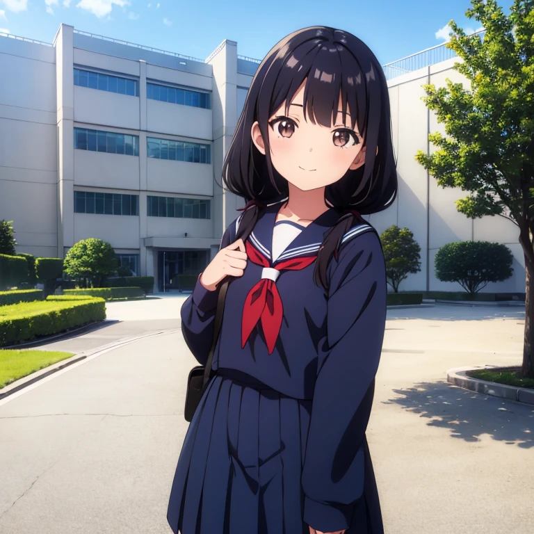 1girl, standing, gentle smile, 15yo, head tilt,
school building on the back,
(low twintails girl), low pigtails, black hair, very long hair,
long sleeves, navy-blue serafuku with blue ribbon,
(brown eye),
afternoon,
from front,
4-story white school building, outdoor, tree on side,
anime, high brightness, detailed face, detailed eyes,
high quality, ultra detailed, masterpiece, FHD