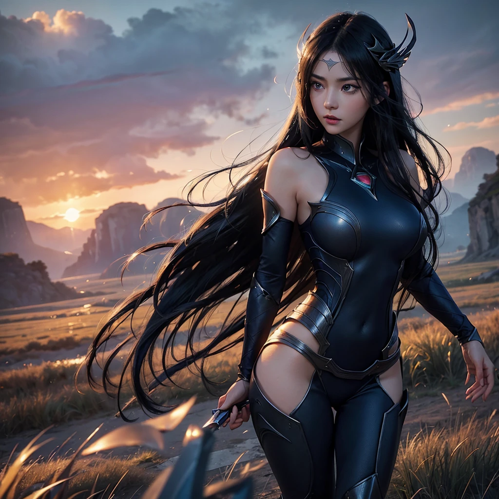 irelia from league of legends, a beautiful 24 years old woman, asian girl, dark blue long hair, blue eyes, fit body, she controls blades in the air, serious face, detailed photograph, 8k, uhd, high quality photo, bright day, grassland background, sexy girl, perfect body, perfect face, very big eyes, detailed face, detailed hands, detailed eyes, high detailed photograph, 16k, perfect woman face, can see her breasts