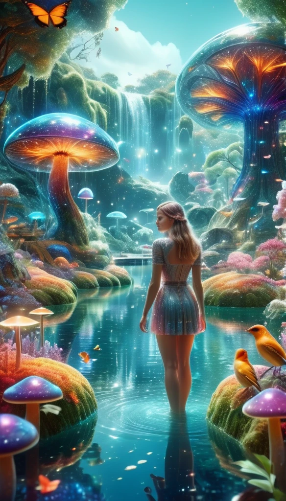 a beautiful detailed girl in a colorful fantasy garden, lush vegetation, flowers, butterflies, colorful birds, large crystal lake, magical glowing mushrooms and trees, sci-fi elements, stunning highly detailed photorealistic digital painting, 8k, HDR, award-winning, cinematic lighting, intricate details, vibrant color palette