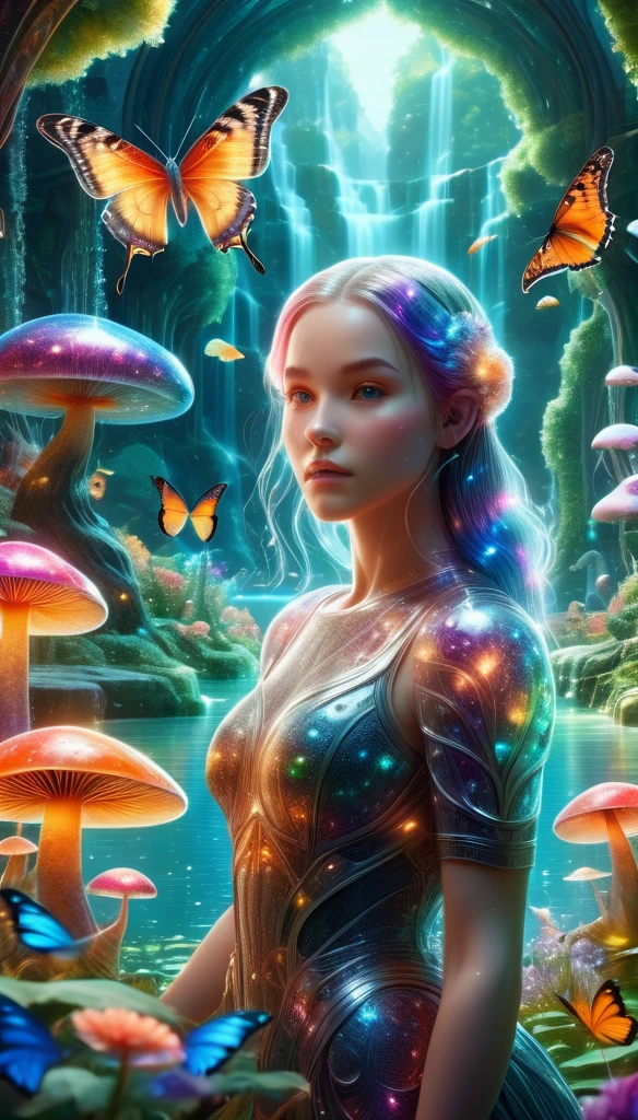 a beautiful detailed girl in a colorful fantasy garden, lush vegetation, flowers, butterflies, colorful birds, large crystal lake, magical glowing mushrooms and trees, sci-fi elements, stunning highly detailed photorealistic digital painting, 8k, HDR, award-winning, cinematic lighting, intricate details, vibrant color palette