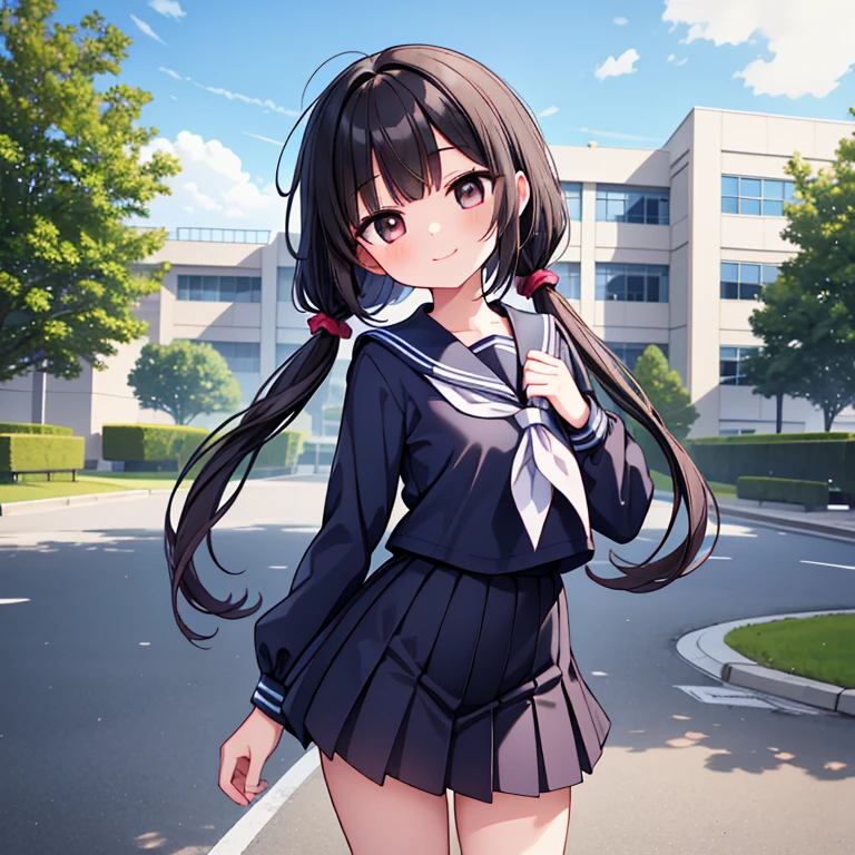 1girl, standing, gentle smile, 15yo, head tilt,
school building on the back,
(low twintails girl), low pigtails, black hair, very long hair,
long sleeves, navy-blue serafuku with blue ribbon,
(brown eye),
afternoon,
from front,
4-story white school building, outdoor, tree on side,
anime, high brightness, detailed face, detailed eyes,
high quality, ultra detailed, masterpiece, FHD