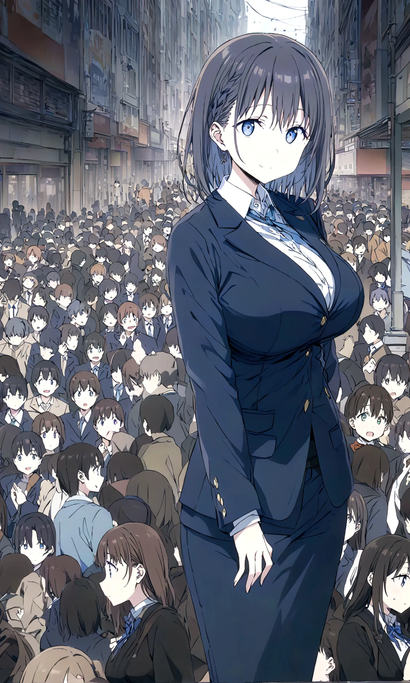 tawawa on monday,ai-chan,big breasts,blue blazer,high school girl,temptations,whole body,駅のホーム,crowd,silhouette,finely detailed ...