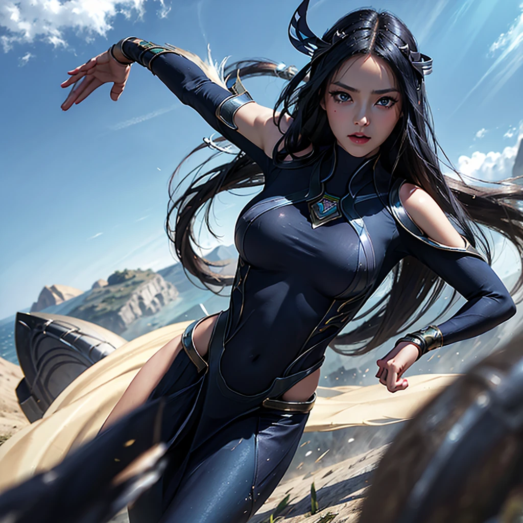 irelia from league of legends, a beautiful 24 years old woman, asian girl, dark blue long hair, blue eyes, fit body, she controls blades in the air, serious face, detailed photograph, 8k, uhd, high quality photo, bright day, grassland background, sexy girl, perfect body, perfect face, very big eyes, detailed face, detailed hands, detailed eyes, high detailed photograph, 16k, perfect woman face