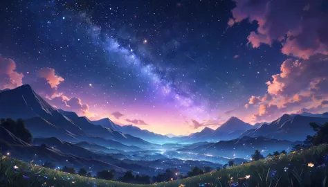 a detailed anime night landscape, detailed starry night sky with no moon, intricate and glowing stars, beautiful moonless night,...