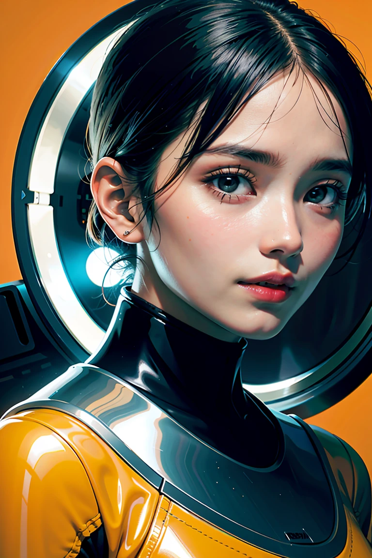 Imagen arafeada de una mujer con un traje futurista y una nave espacial al fondo., arte de la película, frente a un fondo naranja, inspirado en Robert McGinnis, female protagonist, megaestructura en el fondo, retrato de un astronauta ia, astronautas, un astronauta, retrato de un esqueleto de astronauta, perfect android girl, estilo de Frank Franzzeta y Sakimichan, pechos grandes,