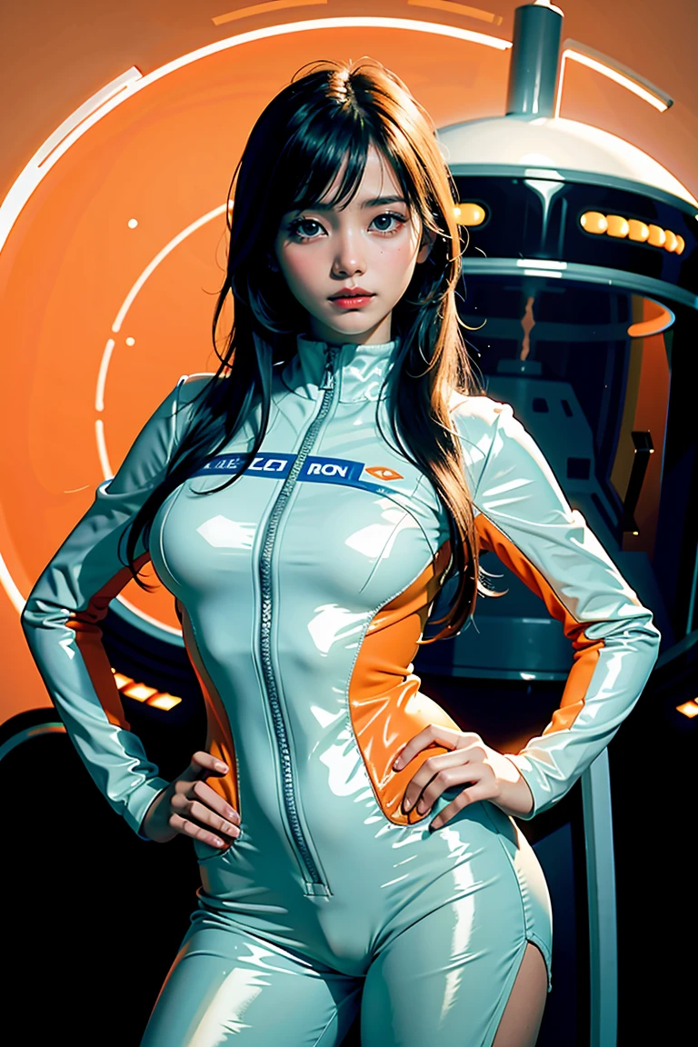 Imagen arafeada de una mujer con un traje futurista y una nave espacial al fondo., arte de la película, frente a un fondo naranja, inspirado en Robert McGinnis, female protagonist, megaestructura en el fondo, retrato de un astronauta ia, astronautas, un astronauta, retrato de un esqueleto de astronauta, perfect android girl, estilo de Frank Franzzeta y Sakimichan, pechos grandes,