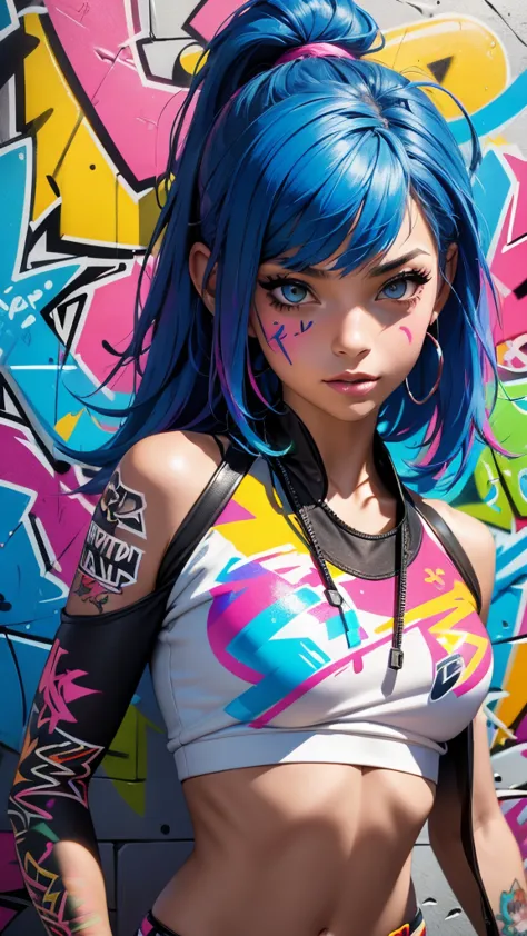 (best quality), (high detail), (vivid colors), (graffiti style), (freestyle), (close up), (1girl), young sexy female graffiti ar...