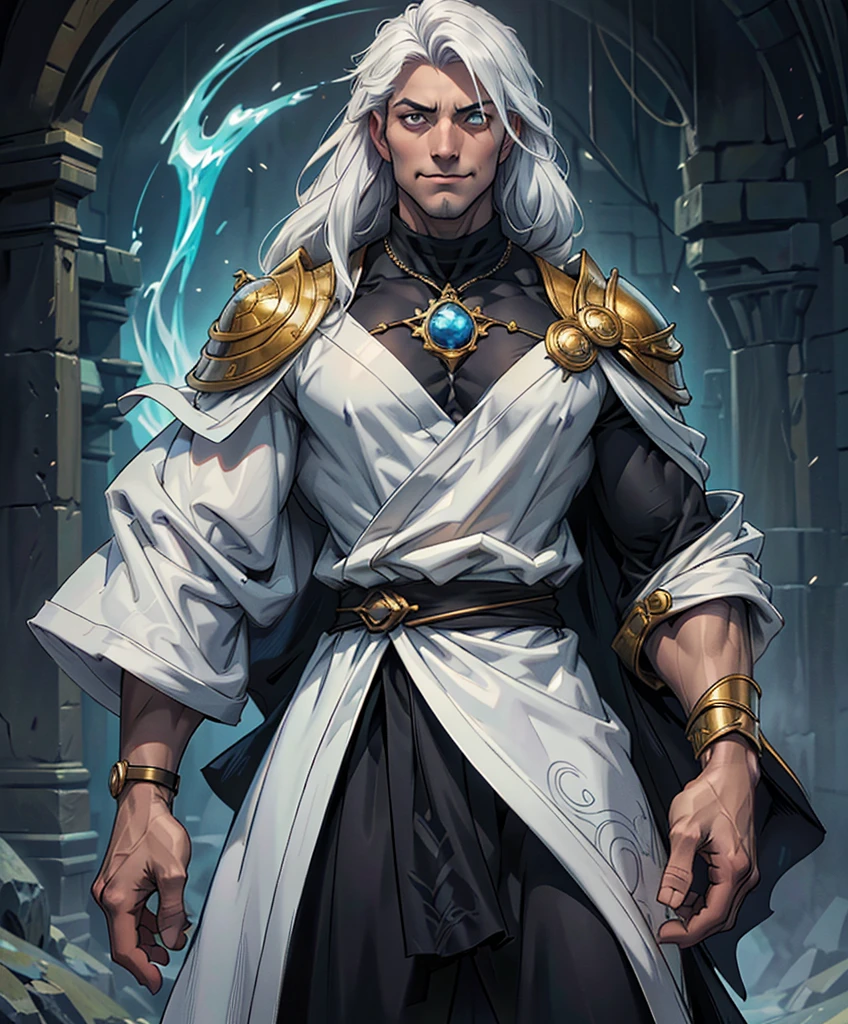 (((Luxurious shoulder-length white hair, dark complexion, and sexy smirk.))) (((18 years old.))) (((18yo.))) (((Cute smirk.))) (((Single character image.))) (((1boy)))Visualize a spellbinding male wizard set against the backdrop of a medieval fantasy world. This enigmatic figure embodies an enticing blend of allure and darkness, his very presence casting an enchanting aura. He is impeccably attired in the most exquisite medieval fantasy wizard robes, exuding an air of sophistication.
The wizard possesses a youthful countenance that belies the deep moodiness within. His long, flowing hair is a lustrous cascade, oozing with a seductive and alluring charm. His eyes, captivating and mesmerizing, beckon viewers into the depths of his enigma. His physique, sculpted and sensual, hints at hidden power beneath the surface.   (((he has very strong sexual charisma and his dark aloofness, draws women in.))) 
With a subtle smile playing upon his lips, he emanates an aura of smug confidence, knowing that his arcane prowess sets him apart from the mundane. He carries an air of distinguished arrogance, yet his lithe and slender figure reflects an intelligence that transcends mortal bounds.
This wizard's gaze holds secrets untold, and his sinister undertone hints at a mysterious past. He is a master of the arcane, a sorcerer of the mystic arts, and an adventurer in the truest sense. His scowl speaks of power, and his very presence is irresistibly desirable.
His devious smug smirk reveals his awareness of his own capabilities, and his athletic body is as handsome as it is commanding. The artwork should embrace the unique art style of Artgerm, capturing intricate details, hyper-detailed hands, and ultra-detailed clothing that showcase the craftsmanship of this epic masterpiece.
This is a Dungeons & Dragons character portrait that trends on artstation, embodying the essence of a wizard who is both a captivating enigma and a force to be reckoned with.
