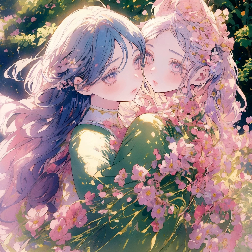 A beautiful young anime girl, detailed facial features with big eyes, long eyelashes, delicate nose and lips, long flowing hair, detailed intricate dress,  figure, standing in a lush garden with colorful flowers, sunlight streaming through the trees, soft pastel color palette, cinematic lighting, photorealistic, 8K, masterpiece