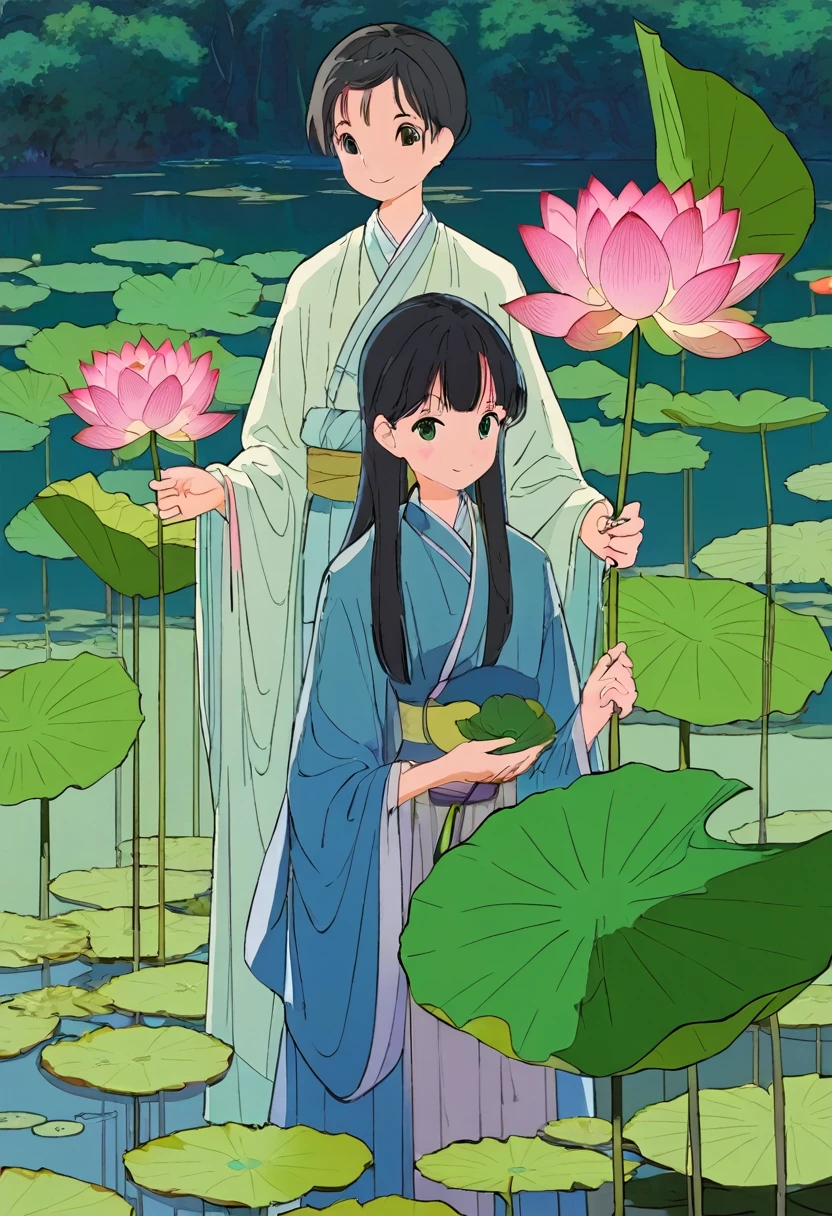 A girl holding a lotus and a boy holding a lotus leaf