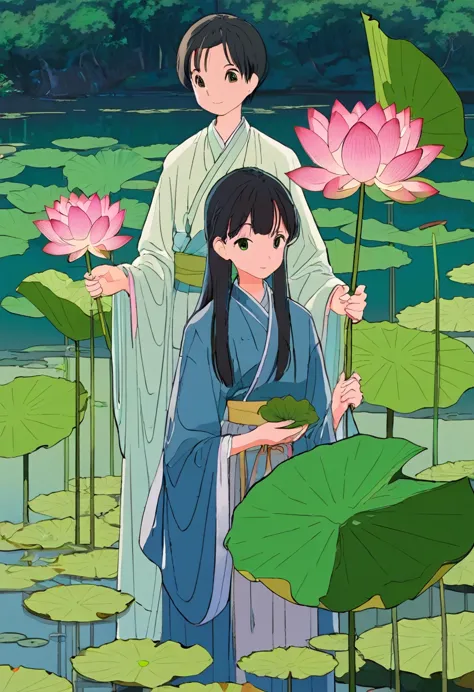 a girl holding a lotus and a boy holding a lotus leaf