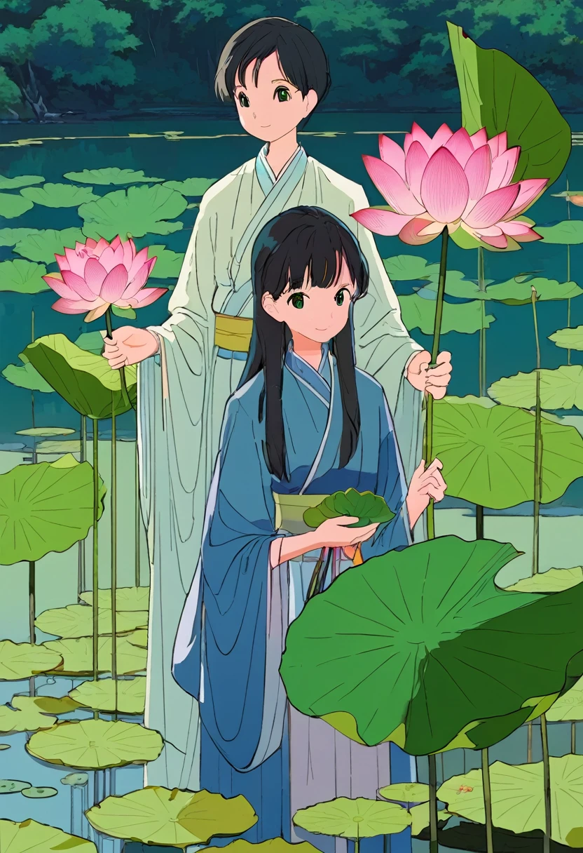 A girl holding a lotus and a boy holding a lotus leaf