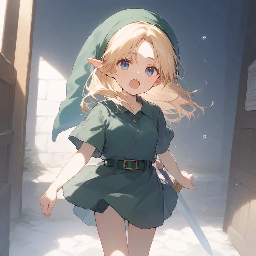 score_9, score_8_up, score_7_up, source_anime, best quality, masterpiece, official art, absurdres, highres, ultra-detailed,waifu2x,Collection: Slice of Life,break,1girl, YoungLink,13-year-old, small breasts, blonde hair, green tunic, pointy ears, hat, solo, blue eyes,green_headwear belt, sword, sweat, open mouth, (yawn:0.3), sleepily, meadow, outdoors, wind,break,(clear line illustration:1.2), super detailed skin,very high resolution, very aesthetic, Best sexual lighting powered by famous artist, 8k,cute picture,beauty illustration,photoshop_(medium),,(Detailed Lighting),best anime 8k konachan wallpaper, pixiv contest winner, 