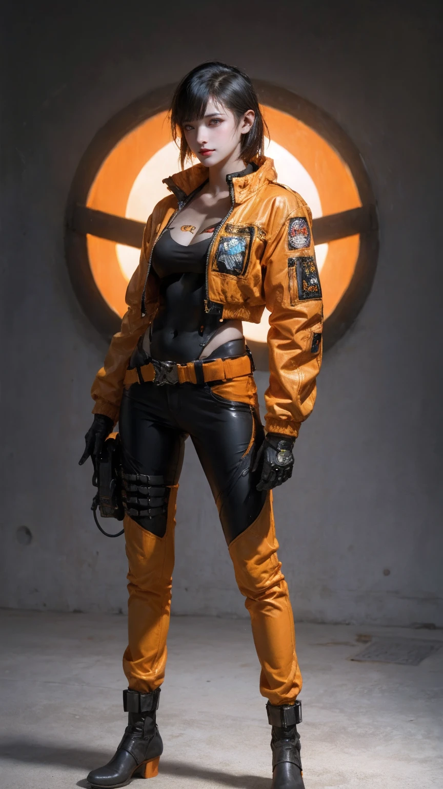 1girl,solo,(realistic:1.2),cyberpunk, cyborg, halloween,  jack-o'-lantern, mechanical_arms, orange_jacket, orange_pants, orange_shirt, pumpkin, science_fiction, simple_background, gloves, standing, jacket, cowboy_shot, urban techwear, outfit