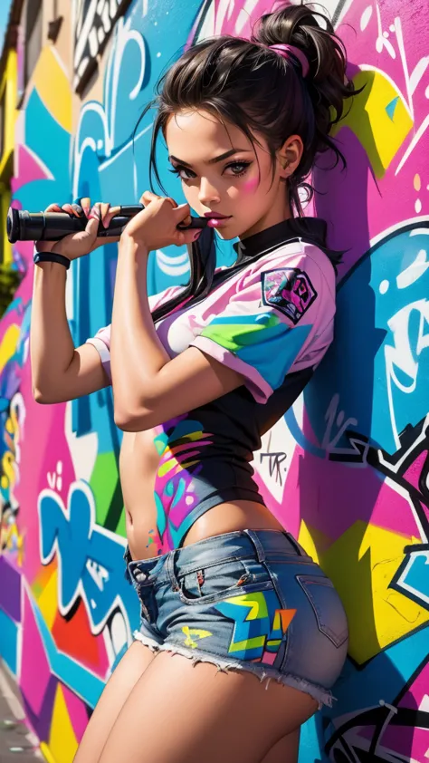 (best quality), (high detail), (vivid colors), (graffiti style), (freestyle), (close up), (1girl), young sexy female graffiti ar...