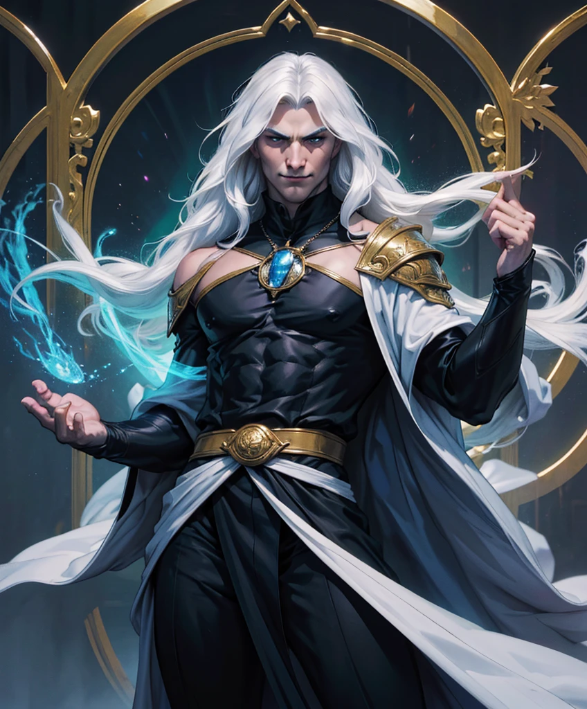 (((Luxurious shoulder-length white hair, dark complexion, and sexy smirk.))) (((18 years old.))) (((18yo.))) (((Cute smirk.))) (((Single character image.))) (((1boy)))Visualize a spellbinding male wizard set against the backdrop of a medieval fantasy world. This enigmatic figure embodies an enticing blend of allure and darkness, his very presence casting an enchanting aura. He is impeccably attired in the most exquisite medieval fantasy wizard robes, exuding an air of sophistication.
The wizard possesses a youthful countenance that belies the deep moodiness within. His long, flowing hair is a lustrous cascade, oozing with a seductive and alluring charm. His eyes, captivating and mesmerizing, beckon viewers into the depths of his enigma. His physique, sculpted and sensual, hints at hidden power beneath the surface.   (((he has very strong sexual charisma and his dark aloofness, draws women in.))) 
With a subtle smile playing upon his lips, he emanates an aura of smug confidence, knowing that his arcane prowess sets him apart from the mundane. He carries an air of distinguished arrogance, yet his lithe and slender figure reflects an intelligence that transcends mortal bounds.
This wizard's gaze holds secrets untold, and his sinister undertone hints at a mysterious past. He is a master of the arcane, a sorcerer of the mystic arts, and an adventurer in the truest sense. His scowl speaks of power, and his very presence is irresistibly desirable.
His devious smug smirk reveals his awareness of his own capabilities, and his athletic body is as handsome as it is commanding. The artwork should embrace the unique art style of Artgerm, capturing intricate details, hyper-detailed hands, and ultra-detailed clothing that showcase the craftsmanship of this epic masterpiece.
This is a Dungeons & Dragons character portrait that trends on artstation, embodying the essence of a wizard who is both a captivating enigma and a force to be reckoned with.
