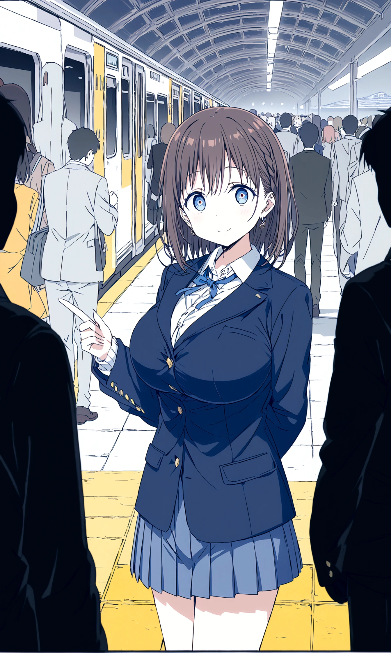 Tawawa on Monday,Ai-chan,Big Breasts,Blue Blazer,high school girl,temptations,whole body,station,crowd,silhouette,finely detailed beautiful face,high quality,anime,beautiful,High resolution,anime color,{{{{8K_wallpaper}}}},{{{masterpiece}}},{{{{extremely detailed eyes}}}},{{{{extremely detailed body}}}},{{{{extremely detailed finger}}}}