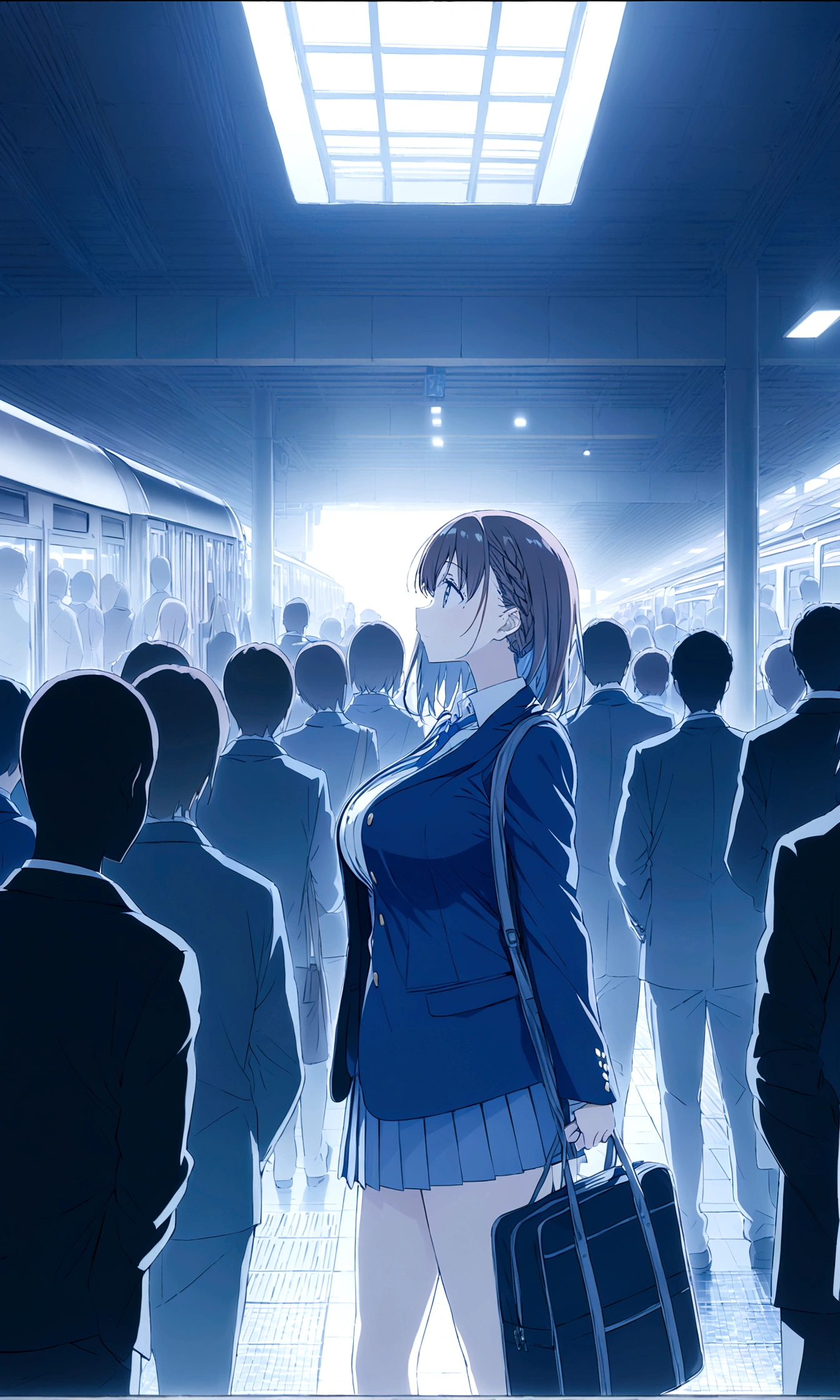 Tawawa on Monday,Ai-chan,Big Breasts,Blue Blazer,high school girl,temptations,whole body,station,crowd,silhouette,finely detailed beautiful face,high quality,anime,beautiful,High resolution,anime color,{{{{8K_wallpaper}}}},{{{masterpiece}}},{{{{extremely detailed eyes}}}},{{{{extremely detailed body}}}},{{{{extremely detailed finger}}}}