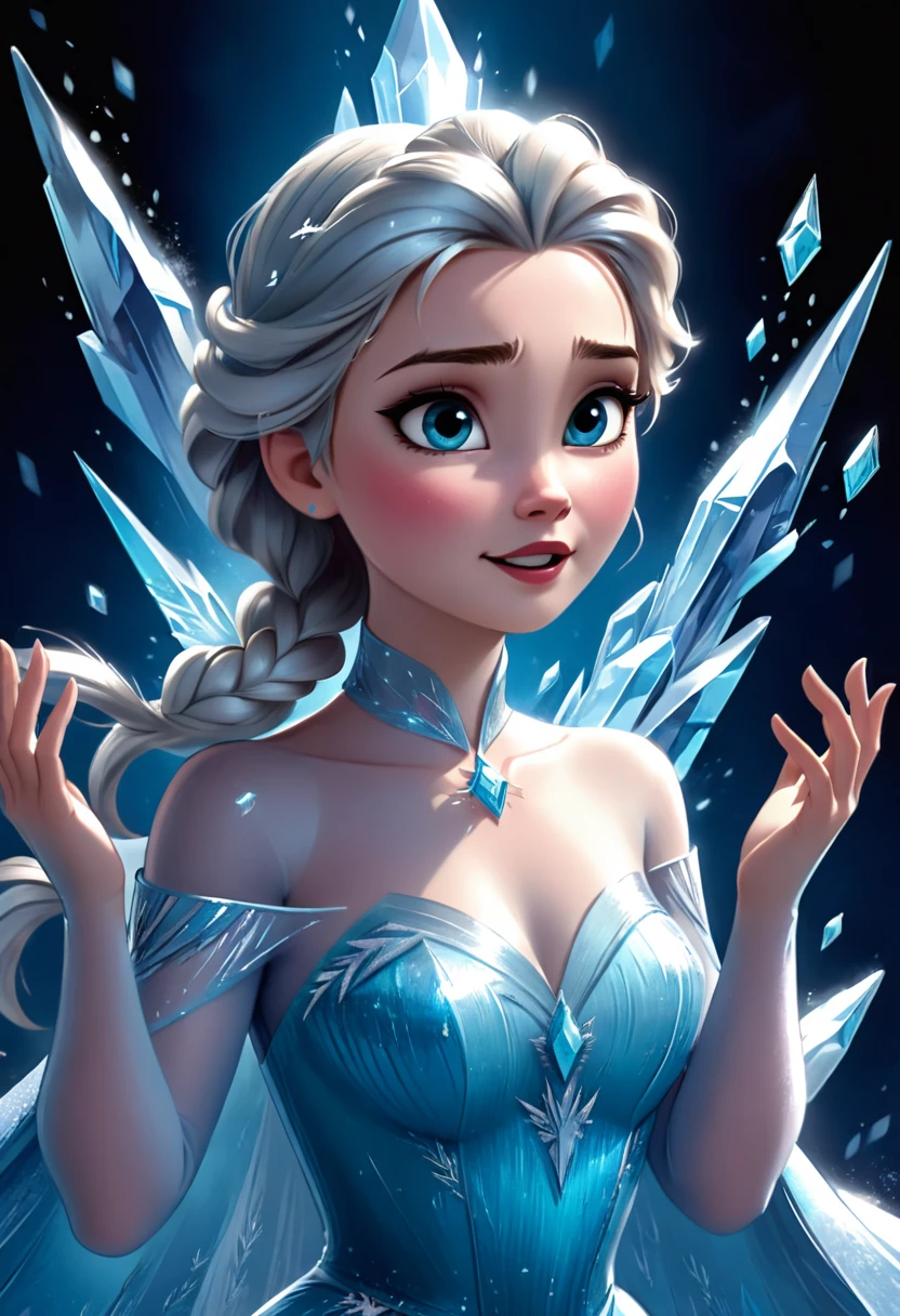 Digital painting of Elsa from Frozen singing 'Let It Go' in her ice palace, with her hands raised and magical ice crystals forming around her, dressed in her shimmering ice-blue gown, with a powerful and emotional expression, cinematic composition, trending on ArtStation.