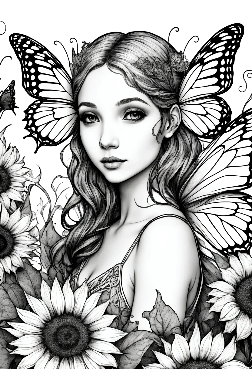 a delicate fairy with butterfly wings resting on a giant sunflower, clean line art, white background, colouring page, clean outl...