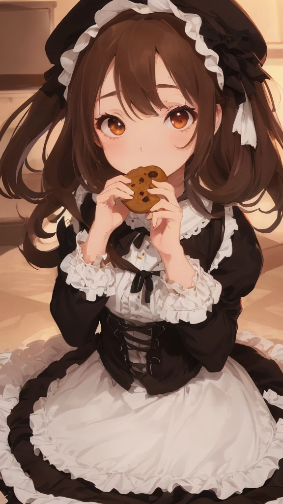 absurdres, best quality, 1girl, solo, looking at viewer, eye focus,  LucoaDM, CasualCL, eating cookie,brown hat,frilly brown hair,brown eyes,brown lolita dress,