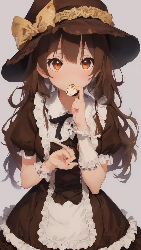 absurdres, best quality, 1girl, solo, looking at viewer, eye focus,  LucoaDM, CasualCL, eating cookie,brown hat,frilly brown hair,brown eyes,brown lolita dress,