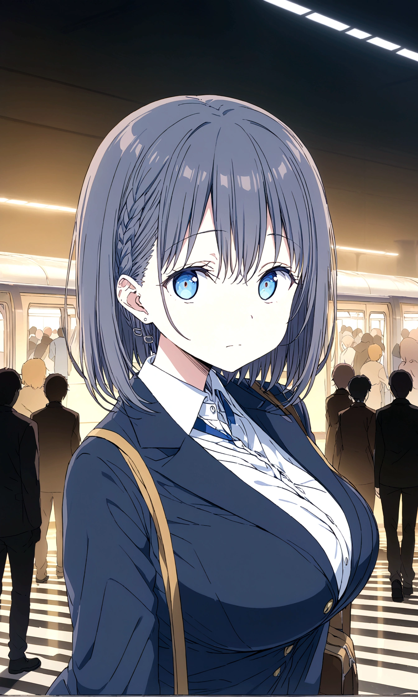 Tawawa on Monday,Ai-chan,Big Breasts,Blue Blazer,high school girl,shyness,whole body,station,crowd,silhouette,finely detailed beautiful face,high quality,anime,beautiful,High resolution,anime color,{{{{8K_wallpaper}}}},{{{masterpiece}}},{{{{extremely detailed eyes}}}},{{{{extremely detailed body}}}},{{{{extremely detailed finger}}}}