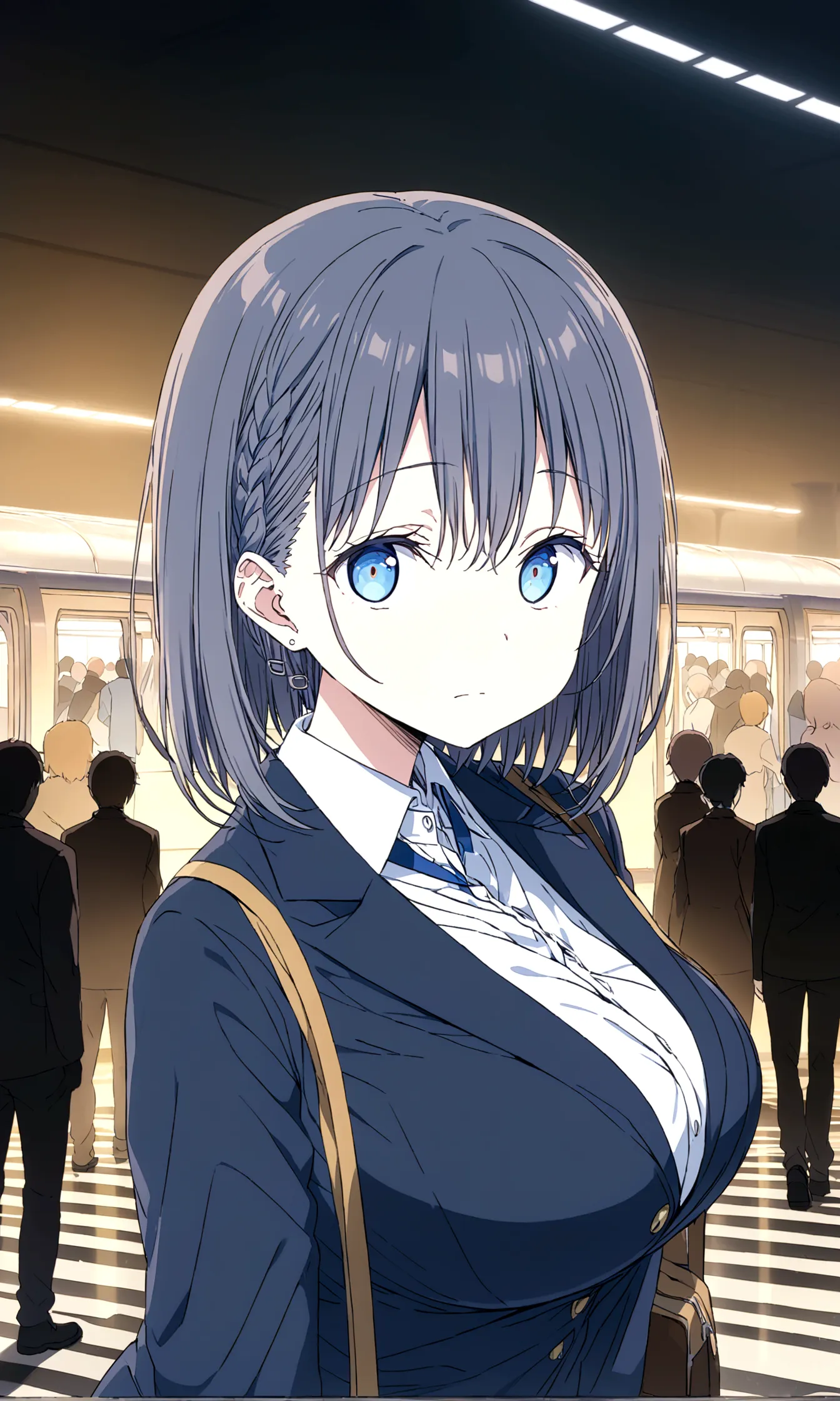 tawawa on monday,ai-chan,big breasts,blue blazer,high school girl,shyness,whole body,station,crowd,silhouette,finely detailed be...