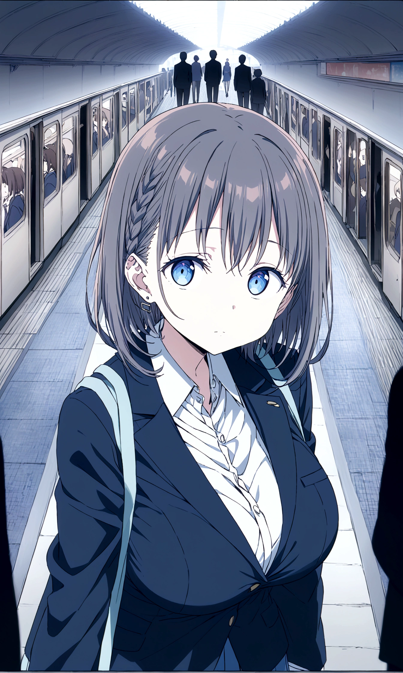 Tawawa on Monday,Ai-chan,Big Breasts,Blue Blazer,high school girl,shyness,whole body,station,crowd,silhouette,finely detailed beautiful face,high quality,anime,beautiful,High resolution,anime color,{{{{8K_wallpaper}}}},{{{masterpiece}}},{{{{extremely detailed eyes}}}},{{{{extremely detailed body}}}},{{{{extremely detailed finger}}}}