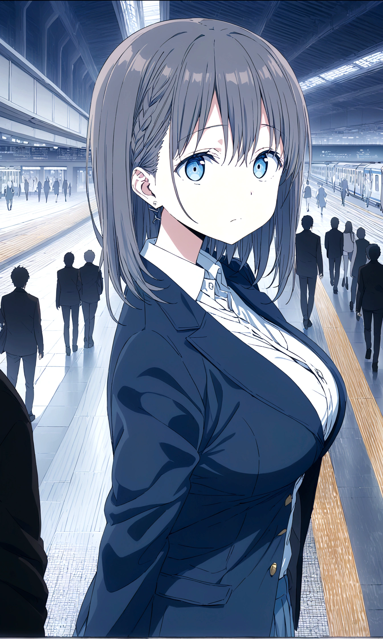 Tawawa on Monday,Ai-chan,Big Breasts,Blue Blazer,high school girl,shyness,whole body,station,crowd,silhouette,finely detailed beautiful face,high quality,anime,beautiful,High resolution,anime color,{{{{8K_wallpaper}}}},{{{masterpiece}}},{{{{extremely detailed eyes}}}},{{{{extremely detailed body}}}},{{{{extremely detailed finger}}}}