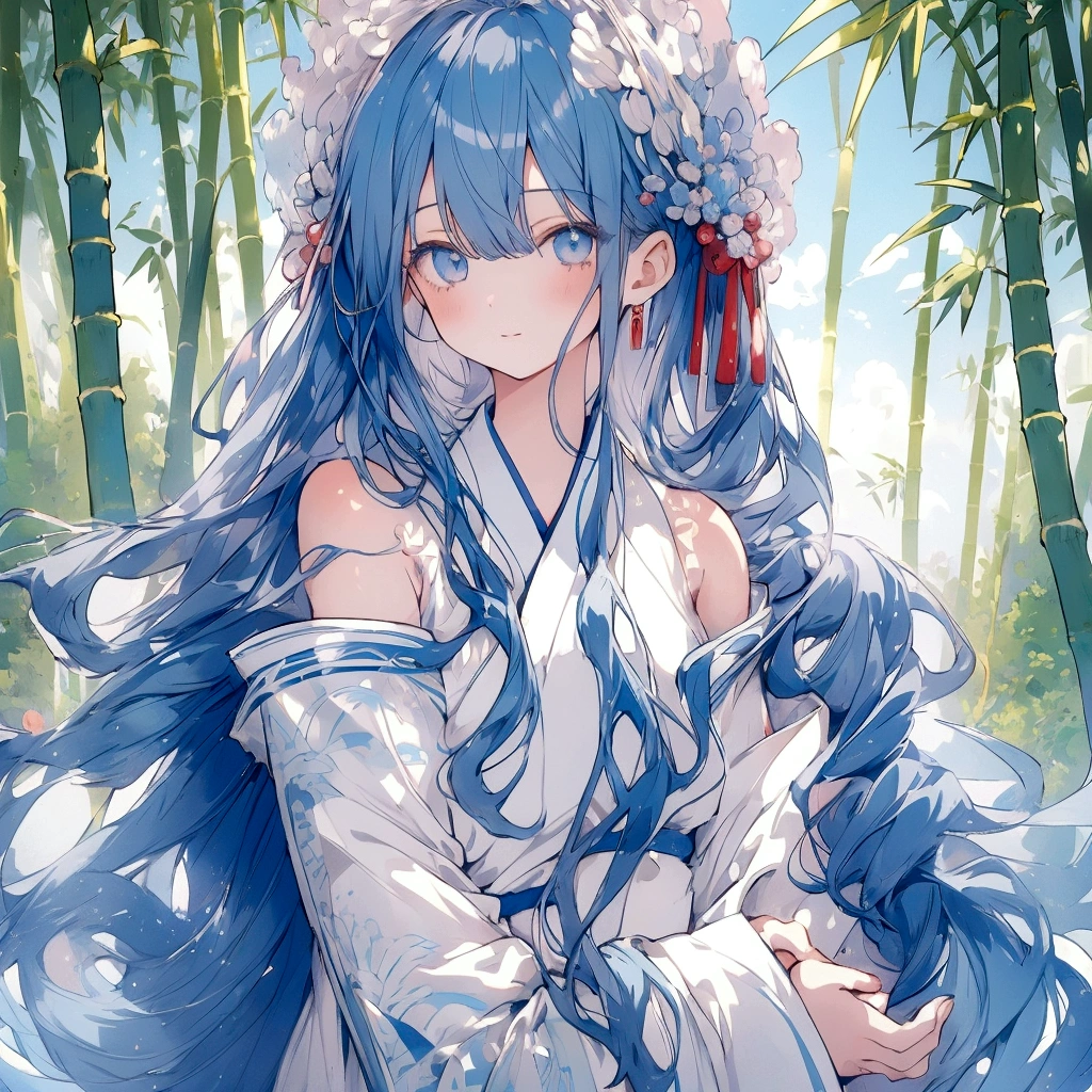 Masterpiece, Best Quality, Official Art, 8k Wallpaper, Very Detailed, Illustration, 1 Girl, Sky Blue Hair, Long Hair, Detailed Eyes, Forrest Gump, Bare Shoulders, Hanfu, Lake, Pure, Soft Smile, bamboo, tea