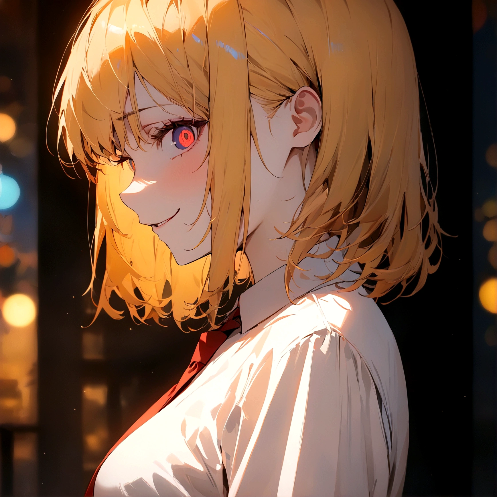 (Masterpiece:1.2, Best Quality), 1 woman, profile, looking towards the viewer, White shirt red tie, medium breasts, Casual, long yellow hair, minimal makeup, , pale,Natural fabrics, closeup face, evil smile, bright eyes circular pupils,8K high resolution, detailed lines,blurred background,