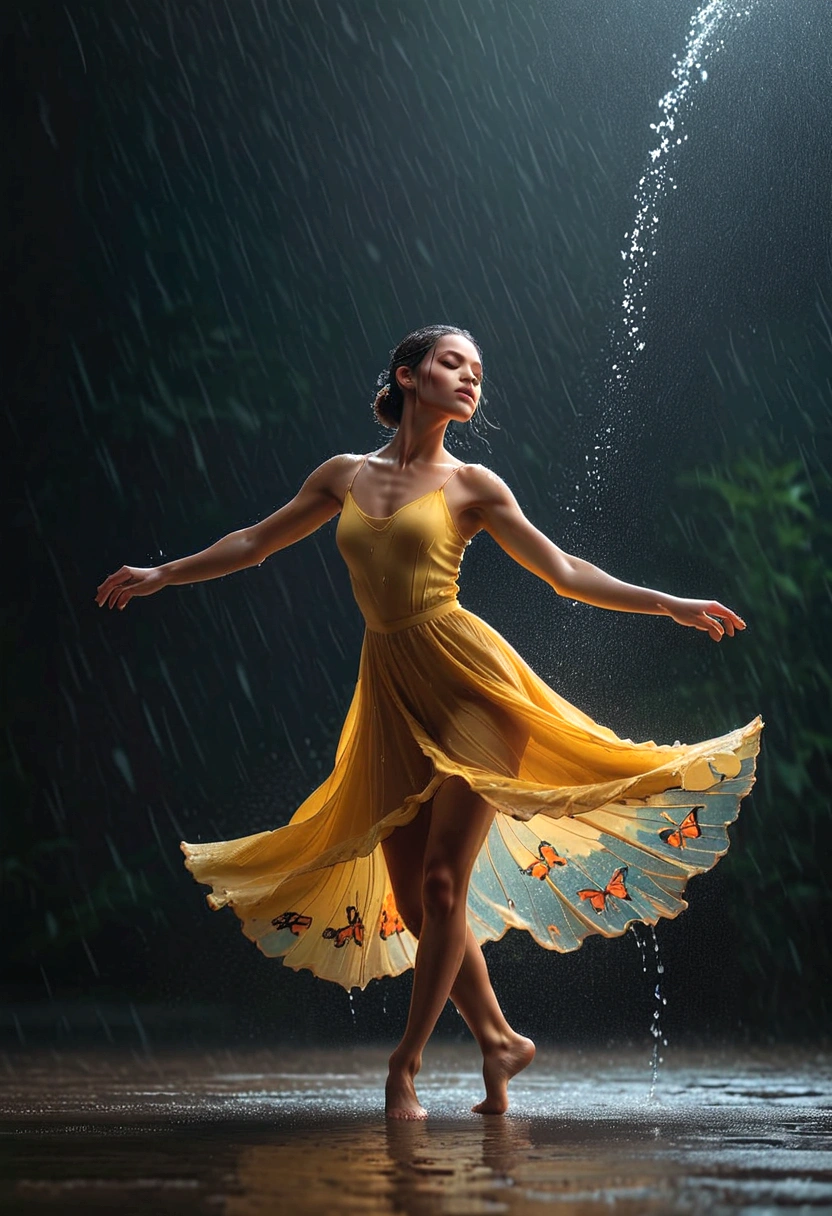 雨の中で一人旅をする, 魂の舞踏家, 裸足, ゆったりとしたぼろぼろの服を着て, プロのバレエの動き, 指先に乗る蝶, 魅惑的, 水しぶき, 明暗法, ミニマリスト, 刺激的な, きれいな背景