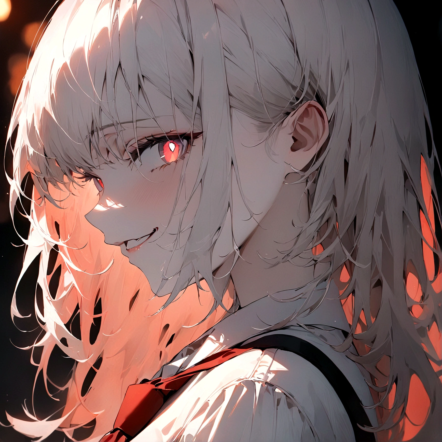 (Masterpiece:1.2, Best Quality), 1 woman, profile, looking towards the viewer, White shirt red tie, medium breasts, Casual, long white hair, minimal makeup, pale,Natural fabrics, closeup face, evil smile, bright eyes circular pupils,8K high resolution, detailed lines,blurred background,