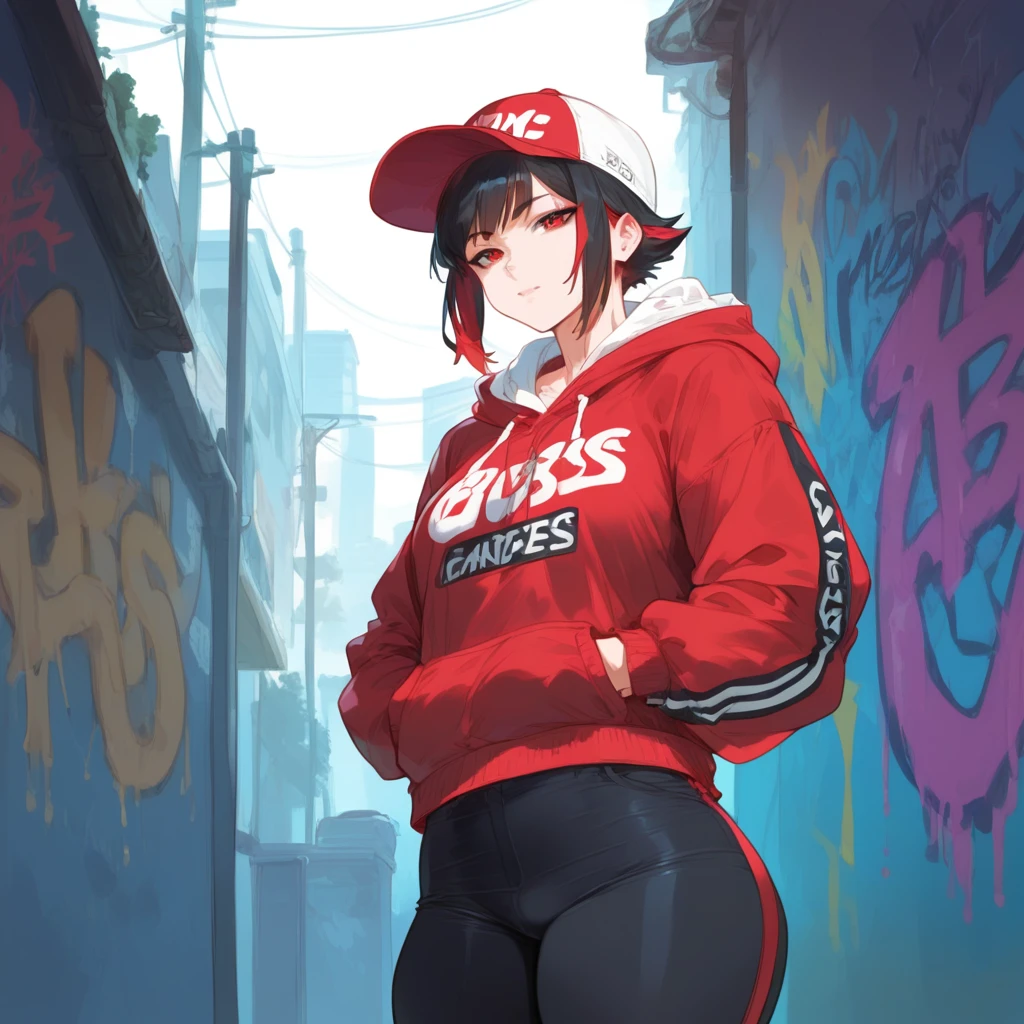 mixed_artwork style, 1 girl, standing alone, hands, Asian, short black hair with red highlights, red eyes, Photography, Techwear, hip-hop, graffiti, cap, stylish, b-girl, Dragon, black and red,