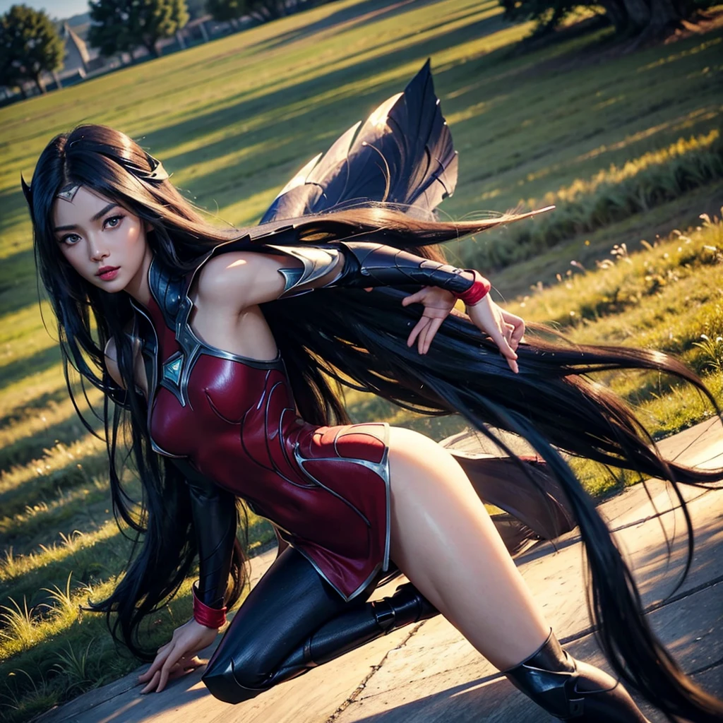 irelia from league of legends, a beautiful 24 years old woman, asian girl, dark blue long hair, blue eyes, fit body, she controls blades in the air, serious face, detailed photograph, 8k, uhd, high quality photo, bright day, grassland background, sexy girl, perfect body, perfect face, very big eyes, detailed face, detailed hands, detailed eyes, high detailed photograph, 16k, perfect woman face, do masturbation