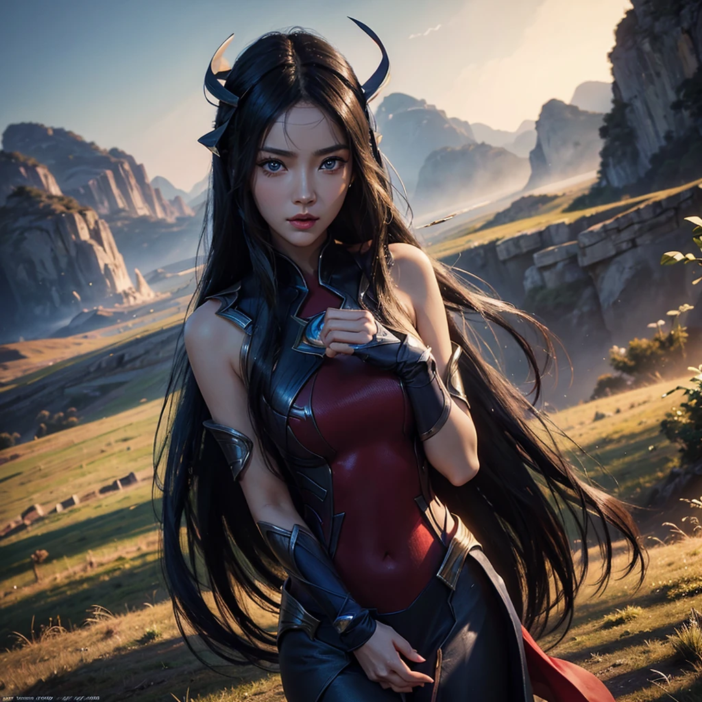 irelia from league of legends, a beautiful 24 years old woman, asian girl, dark blue long hair, blue eyes, fit body, she controls blades in the air, serious face, detailed photograph, 8k, uhd, high quality photo, bright day, grassland background, sexy girl, perfect body, perfect face, very big eyes, detailed face, detailed hands, detailed eyes, high detailed photograph, 16k, perfect woman face, do masturbation