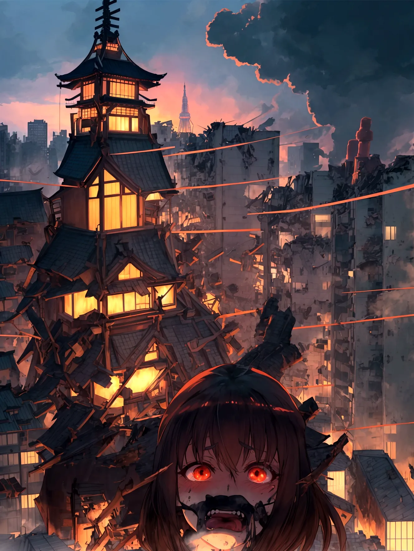 Aerial view of Little Tokyo、Tokyo Tower、mega size giantess、Trying to stomp、Anime illustration、Horror illustration、Panic Illustra...