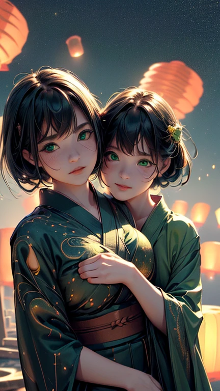 nsfw, Masterpiece, top quality, highly detailed, (Photorealistic style:1.4), Chiaroscuro style, backlighting, 2 girls, A lesbian couple in yukata, (Hug from behind, and put hand on bust, bust shot:1.6), looking at the camera with a smile, (A close-up of their beautiful faces,  green eyes:1.8), (Lots of fireworks all over the sky, Many Lanterns floating in the sky, big shining milky way:1.4),