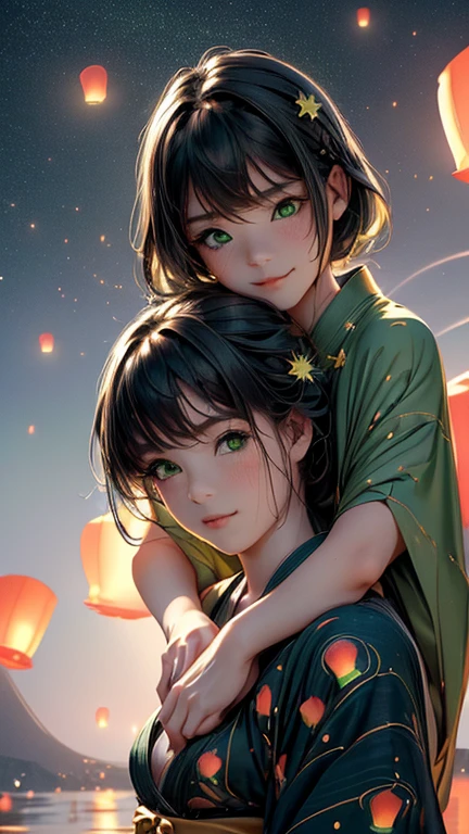 nsfw, Masterpiece, top quality, highly detailed, (Photorealistic style:1.4), Chiaroscuro style, backlighting, 2 girls, A lesbian couple in yukata, (Hug from behind, and put hand on bust, bust shot:1.6), looking at the camera with a smile, (A close-up of their beautiful faces,  green eyes:1.8), (Lots of fireworks all over the sky, Many Lanterns floating in the sky, big shining milky way:1.4),