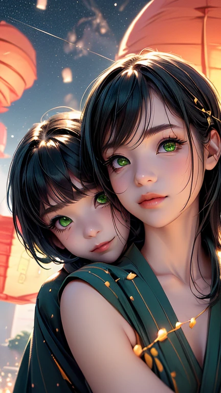 nsfw, Masterpiece, top quality, highly detailed, (Photorealistic style:1.4), Chiaroscuro style, backlighting, 2 girls, A lesbian couple in yukata, (Hug from behind, and put hand on bust, bust shot:1.6), looking at the camera with a smile, (A close-up of their beautiful faces,  green eyes:1.8), (Lots of fireworks all over the sky, Many Lanterns floating in the sky, big shining milky way:1.4),