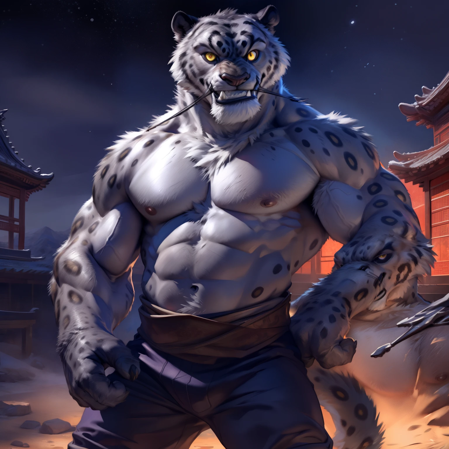 (by taran fiddler), (by darkgem:0.8), (by chunie:1), masterpiece, grey fur, nipples, navel, seductive, looking at viewer, smile, grin, teeth, (tailung:1.2), snow leopard, (gold eyes), detailed eyes, male, solo, anthro, leaning on his back, roof tiles, macro towering a Chinese temple, (night), (Purple pants, brown sash)